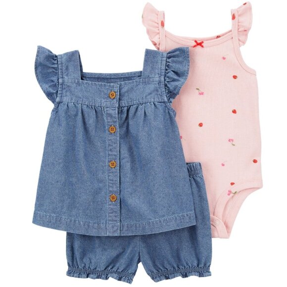Baby Girls Carter's 3pc Chambray Top Bodysuit & Shorts Set Size 3 6 9 months NWT - Picture 1 of 6